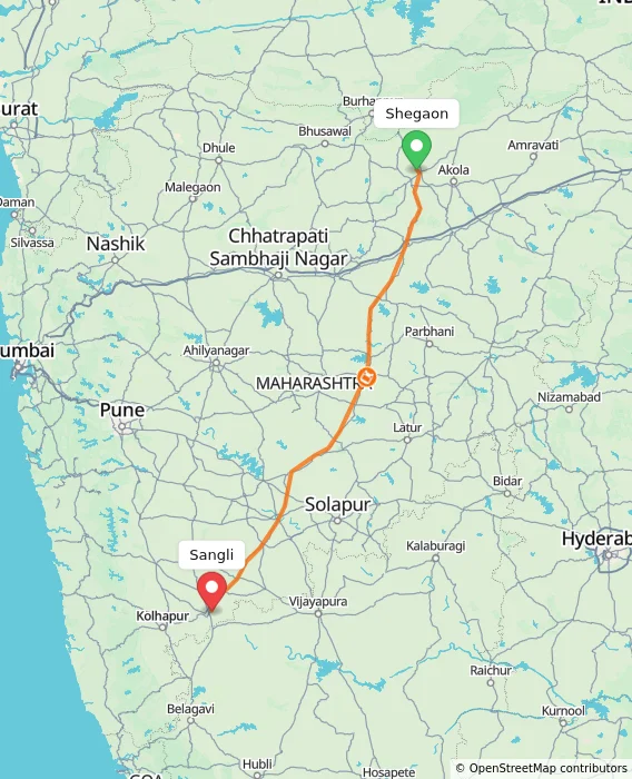 Route map showing distance and travel time from Shegaon, India to Sangli, India