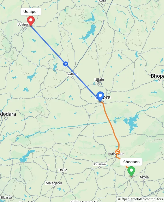 Route map showing distance and travel time from Shegaon, India to Udaipur, India