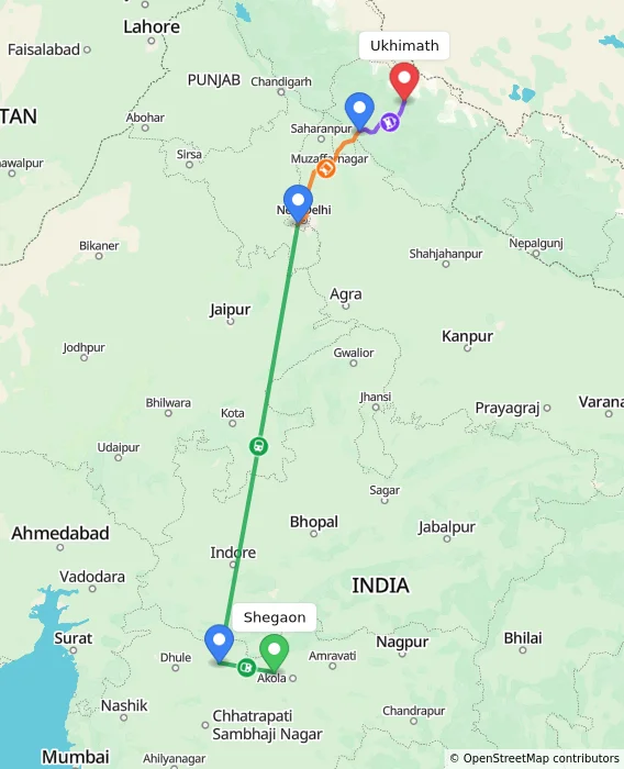 Route map showing distance and travel time from Shegaon, India to Ukhimath, India