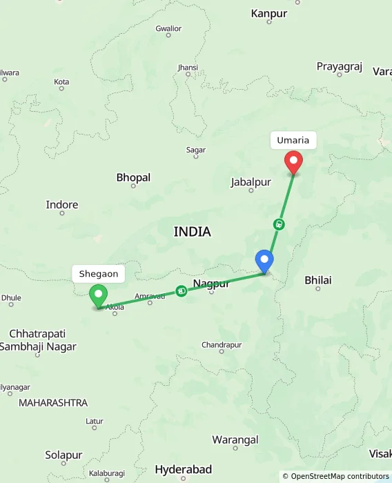 Route map showing distance and travel time from Shegaon, India to Umaria, India
