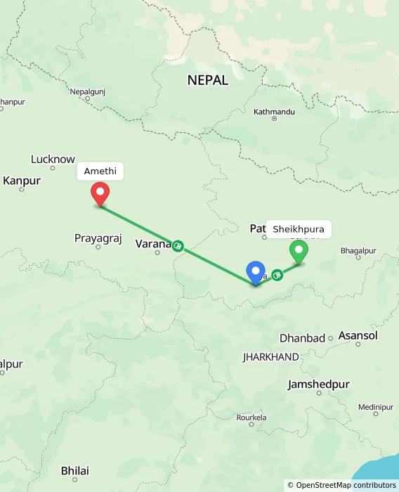 Route map showing distance and travel time from Sheikhpura, India to Amethi, India