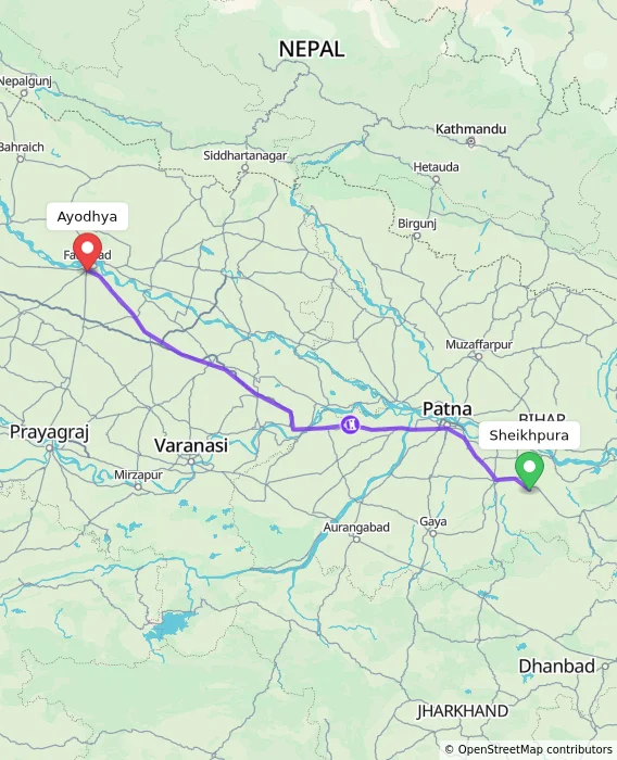 Route map showing distance and travel time from Sheikhpura, India to Ayodhya, India