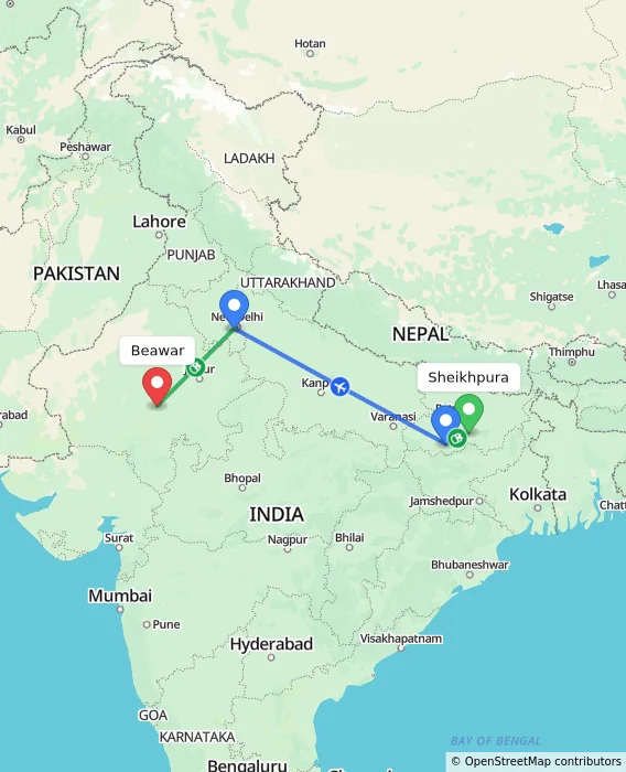 Route map showing distance and travel time from Sheikhpura, India to Beawar, India