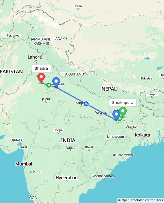 Route map showing distance and travel time from Sheikhpura, India to Bhadra, India