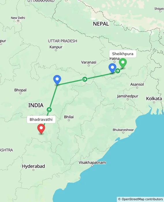 Route map showing distance and travel time from Sheikhpura, India to Bhadravathi, India