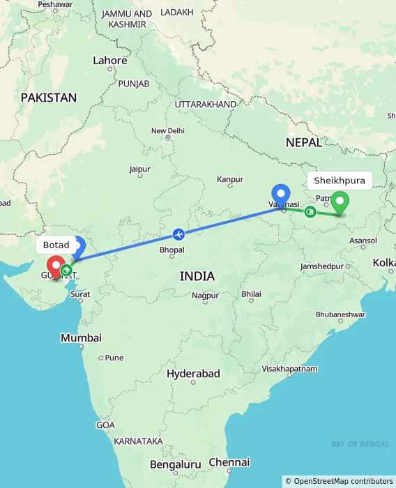 Route map showing distance and travel time from Sheikhpura, India to Botad, India
