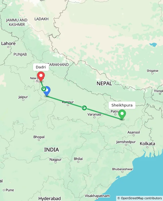 Route map showing distance and travel time from Sheikhpura, India to Dadri, India