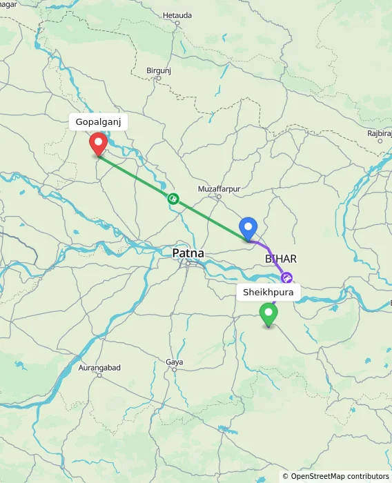 Route map showing distance and travel time from Sheikhpura, India to Gopalganj, India