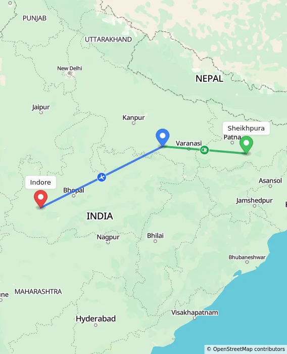 Route map showing distance and travel time from Sheikhpura, India to Indore, India