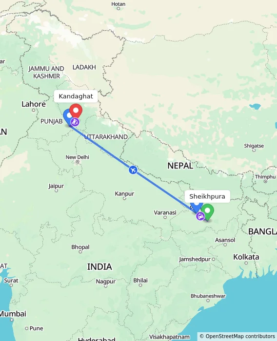 Route map showing distance and travel time from Sheikhpura, India to Kandaghat, India
