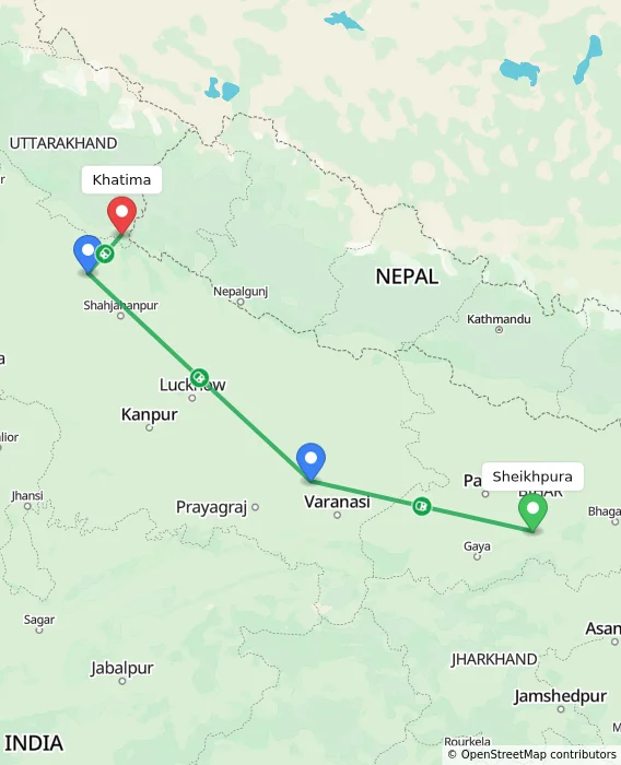 Route map showing distance and travel time from Sheikhpura, India to Khatima, India