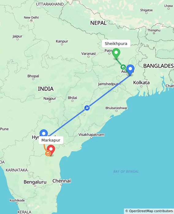 Route map showing distance and travel time from Sheikhpura, India to Markapur, India