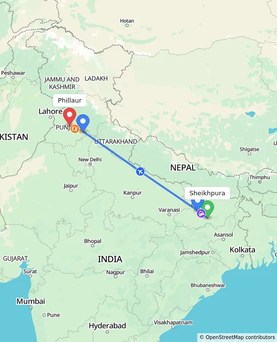 Route map showing distance and travel time from Sheikhpura, India to Phillaur, India