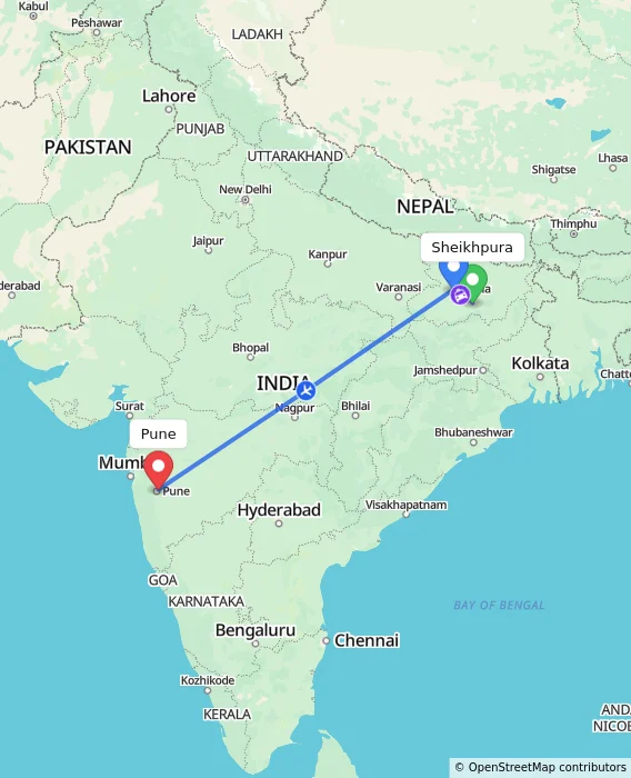 Route map showing distance and travel time from Sheikhpura, India to Pune, India