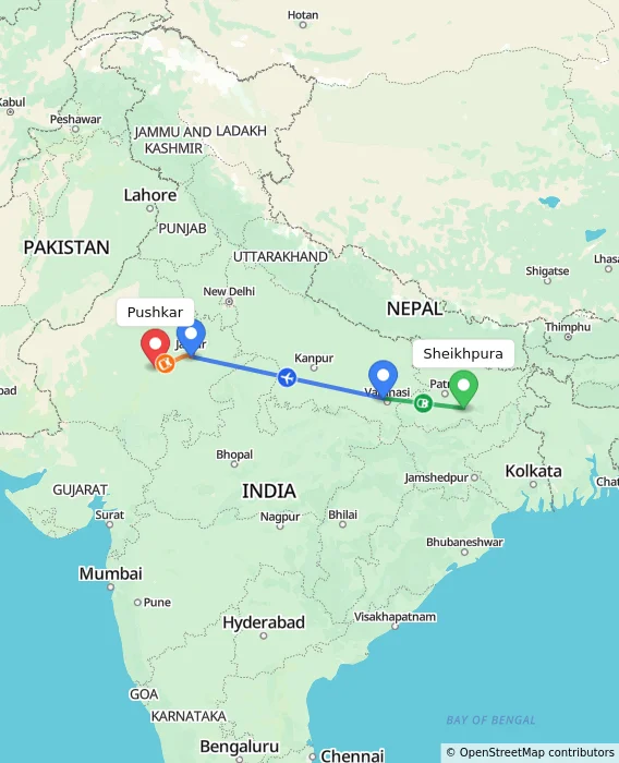 Route map showing distance and travel time from Sheikhpura, India to Pushkar, India