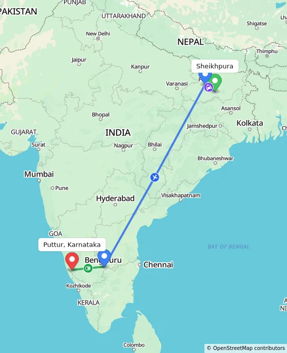 Route map showing distance and travel time from Sheikhpura, India to Puttur, Karnataka, India
