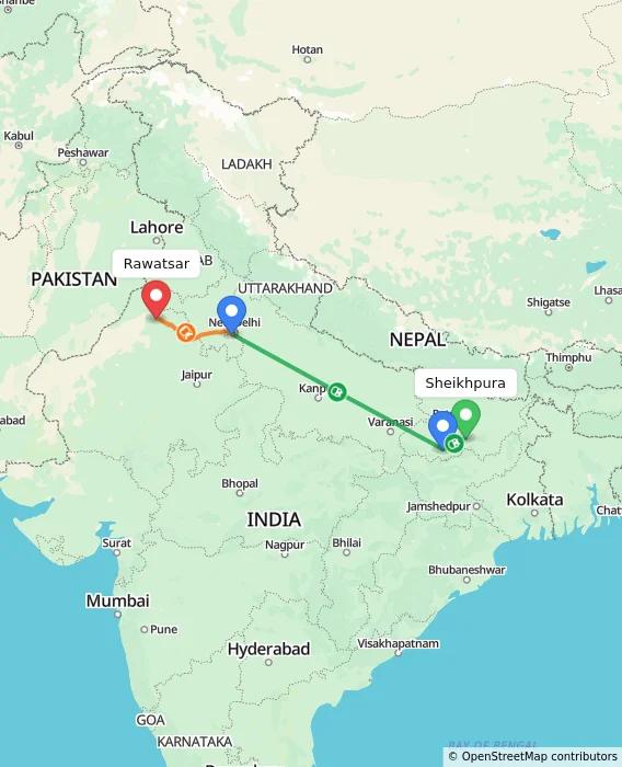 Route map showing distance and travel time from Sheikhpura, India to Rawatsar, India