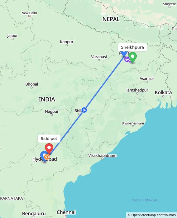 Route map showing distance and travel time from Sheikhpura, India to Siddipet, India