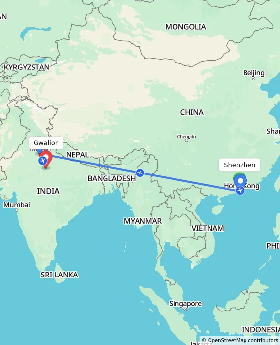 Route map showing distance and travel time from Shenzhen, China to Gwalior, India