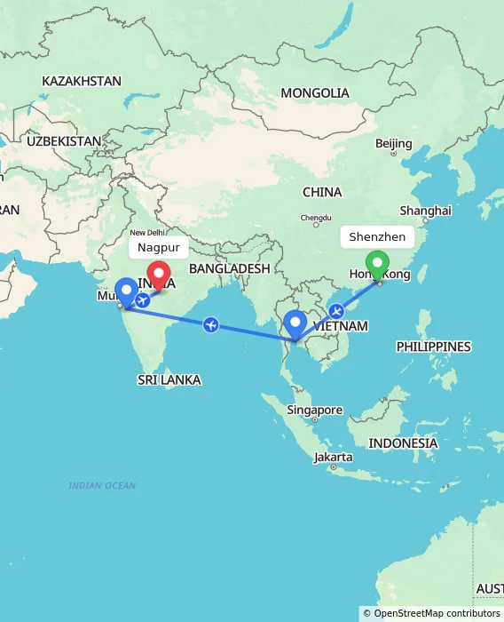 Route map showing distance and travel time from Shenzhen, China to Nagpur, India