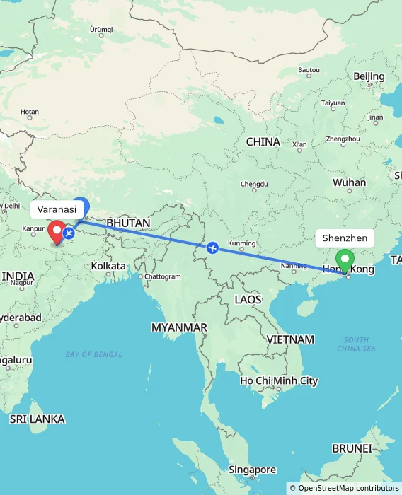 Route map showing distance and travel time from Shenzhen, China to Varanasi, India