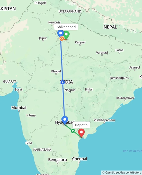 Route map showing distance and travel time from Shikohabad, India to Bapatla, India