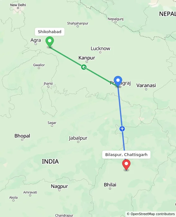 Route map showing distance and travel time from Shikohabad, India to Bilaspur, Chattisgarh, India