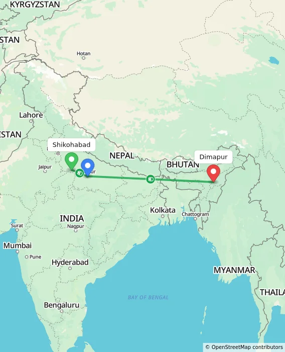 Route map showing distance and travel time from Shikohabad, India to Dimapur, India
