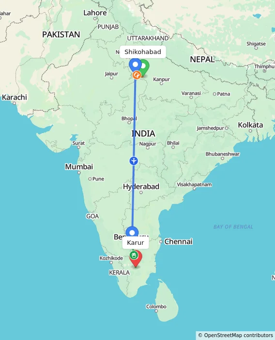 Route map showing distance and travel time from Shikohabad, India to Karur, India