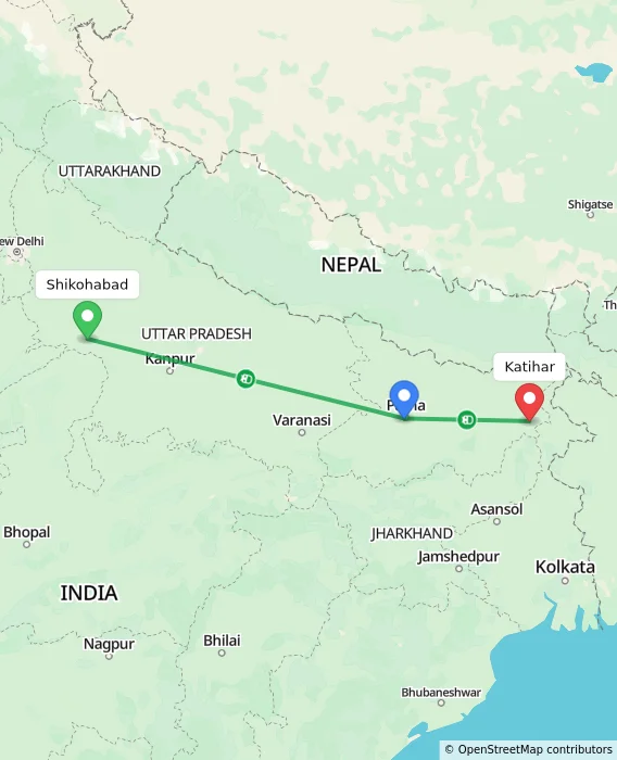 Route map showing distance and travel time from Shikohabad, India to Katihar, India
