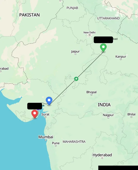 Route map showing distance and travel time from Shikohabad, India to Mahuva, India