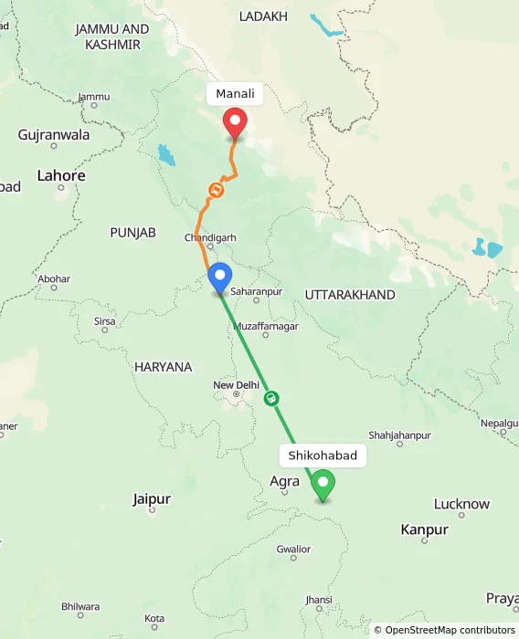 Route map showing distance and travel time from Shikohabad, India to Manali, India