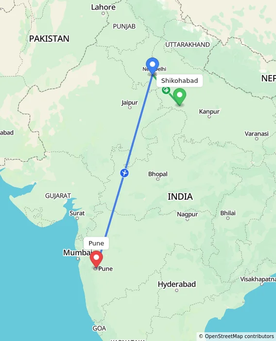 Route map showing distance and travel time from Shikohabad, India to Pune, India