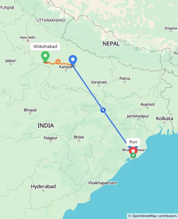 Route map showing distance and travel time from Shikohabad, India to Puri, India