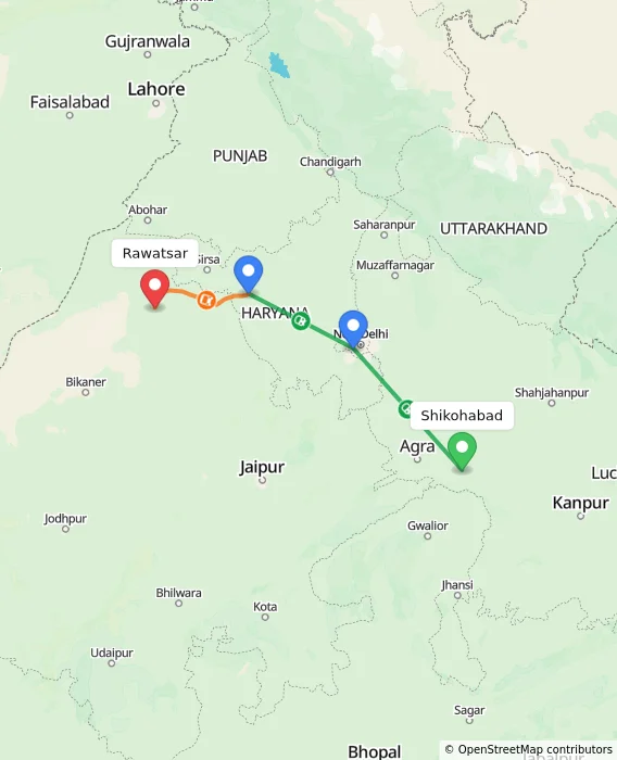 Route map showing distance and travel time from Shikohabad, India to Rawatsar, India