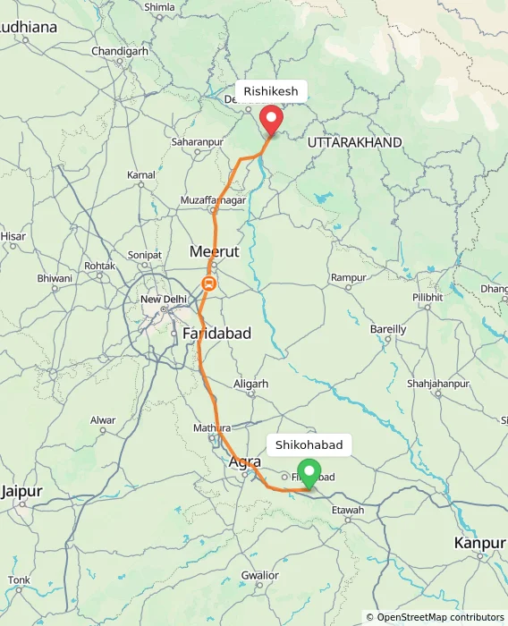 Route map showing distance and travel time from Shikohabad, India to Rishikesh, India