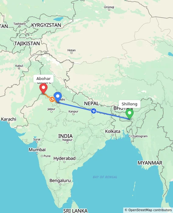 Route map showing distance and travel time from Shillong, India to Abohar, India