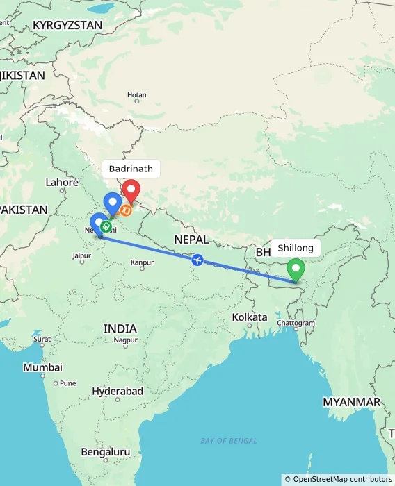 Route map showing distance and travel time from Shillong, India to Badrinath, India
