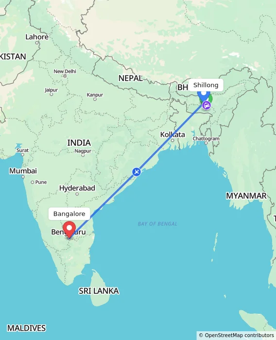 Route map showing distance and travel time from Shillong, India to Bangalore, India