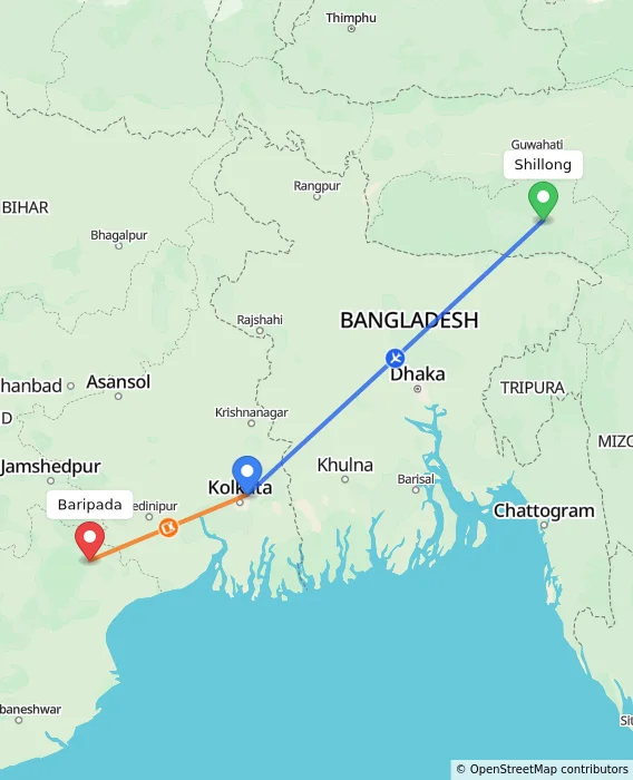 Route map showing distance and travel time from Shillong, India to Baripada, India