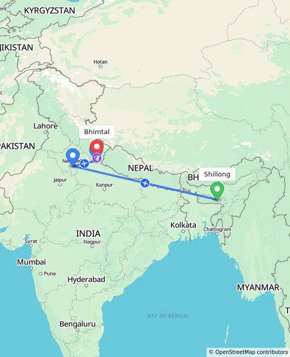 Route map showing distance and travel time from Shillong, India to Bhimtal, India