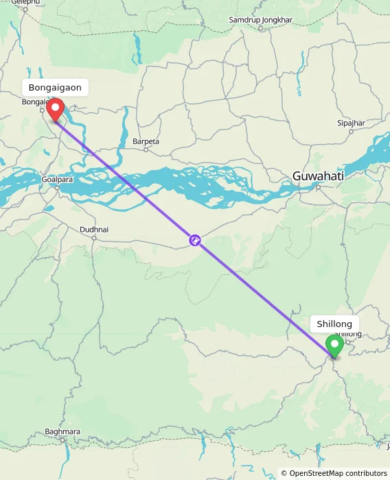 Route map showing distance and travel time from Shillong, India to Bongaigaon, India