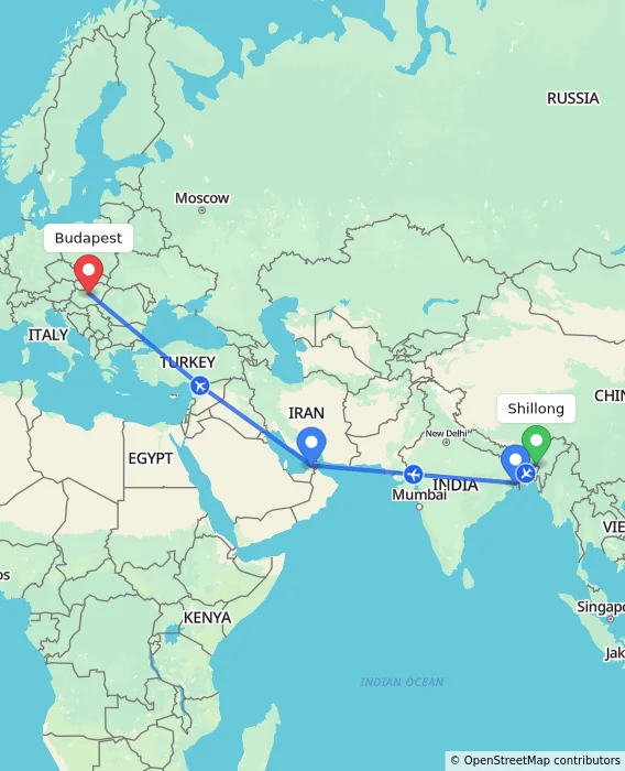 Route map showing distance and travel time from Shillong, India to Budapest, Hungary