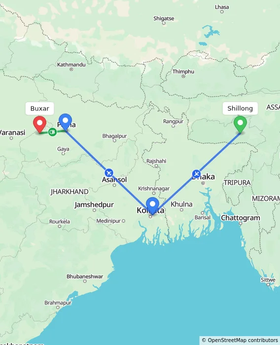 Route map showing distance and travel time from Shillong, India to Buxar, India