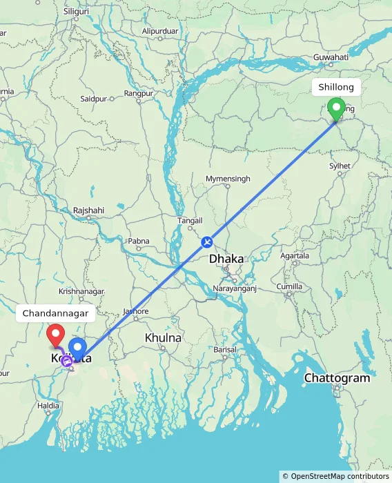 Route map showing distance and travel time from Shillong, India to Chandannagar, India