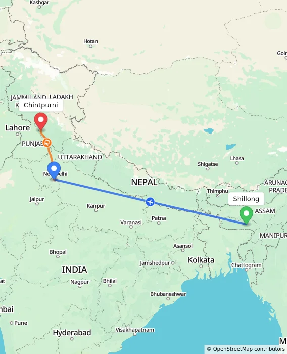 Route map showing distance and travel time from Shillong, India to Chintpurni, India