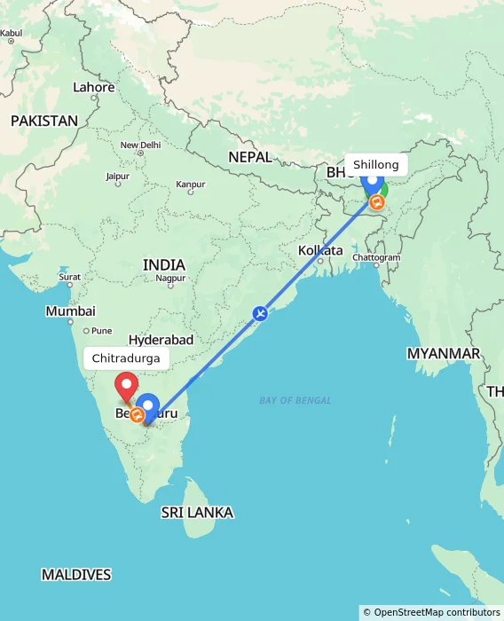 Route map showing distance and travel time from Shillong, India to Chitradurga, India