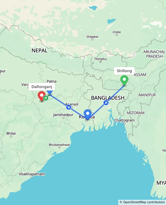 Route map showing distance and travel time from Shillong, India to Daltonganj, India