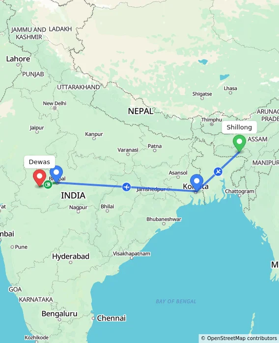 Route map showing distance and travel time from Shillong, India to Dewas, India
