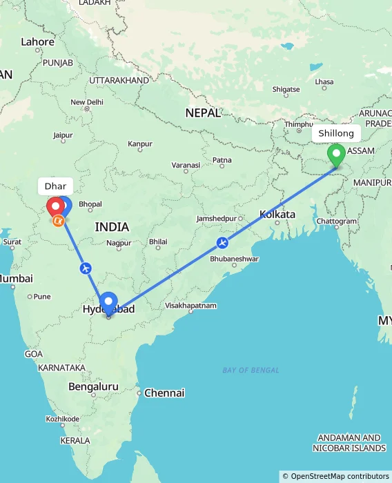 Route map showing distance and travel time from Shillong, India to Dhar, India